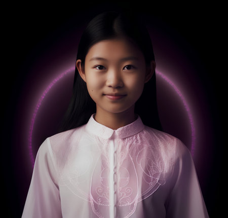 Portrait of a beautiful Asian girl in a white shirt on a dark backgroundの素材