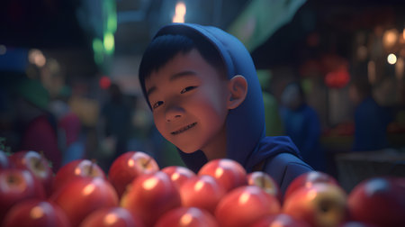 Asian boy with red tomatoes in the market, 3d rendering.の素材