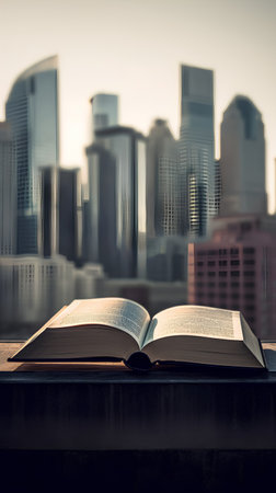 Open book on the background of the city. Shallow depth of fieldの素材