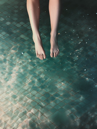 Female legs in the swimming pool. Water background. Top view.の素材