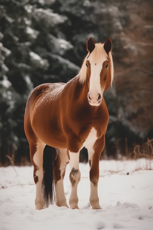 Beautiful brown horse standing in the snow in the winter forest.の素材