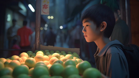 A boy is buying lemons in a market. 3d renderingの素材