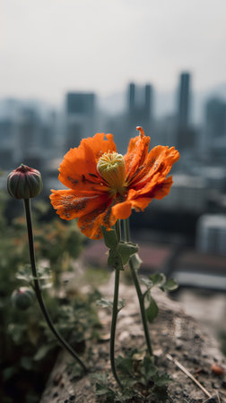 Beautiful orange poppy flower on the blurred background of the city.の素材