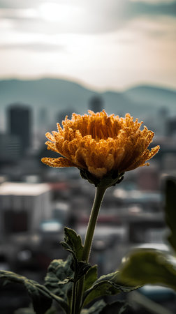 Beautiful chrysanthemum flower on the background of the cityの素材