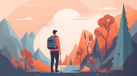 Hiking man with backpack and trekking poles in the autumn forest. Flat style vector illustration.の素材