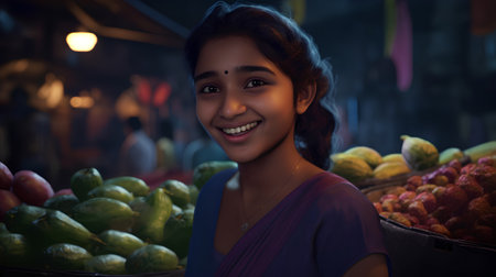 Beautiful indian woman selling fresh fruits and vegetables at the marketの素材