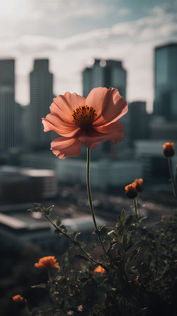 Beautiful red poppy flower with cityscape background. Vintage filter.の素材
