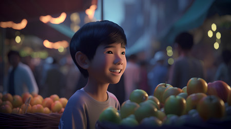 Young asian woman selling fresh fruits and vegetables in the market.の素材