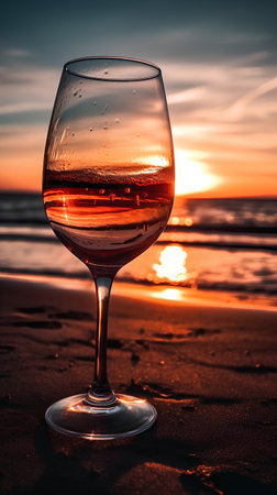 Wineglass with red wine on the beach at beautiful sunset.の素材