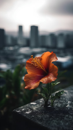 Orange hibiscus flower with the city in the background.の素材