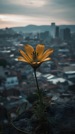 Beautiful yellow flower with city background. Selective focus. Toned.の素材