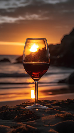 A glass of red wine on the beach at sunset. Toned.の素材
