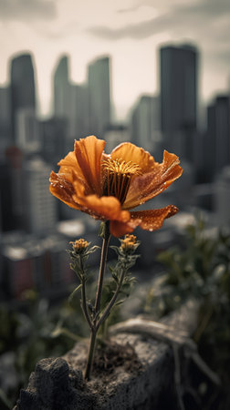 poppy flower in the garden with cityscape background - vintage filterの素材