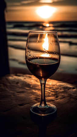 Glass of wine on the beach at sunset. Toned image.の素材