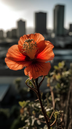 Red hibiscus flower in the garden with cityscape backgroundの素材