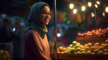 Young muslim woman selling fruits at night market. 3d renderingの素材