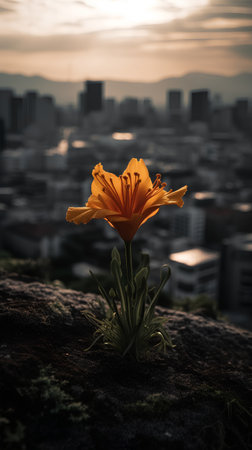 Orange flower on the top of a mountain with a cityscape backgroundの素材