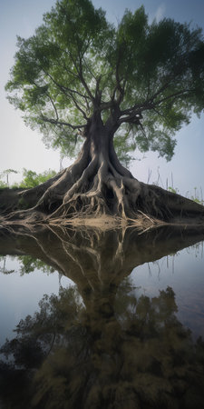 Tree reflected in the water. 3d render. Nature composition.の素材