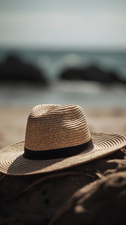 Straw hat on the beach. Selective focus. Toned.の素材