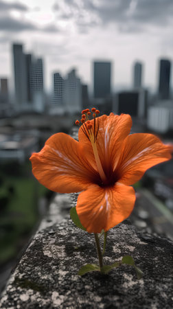 Orange hibiscus flower on the background of the city.の素材