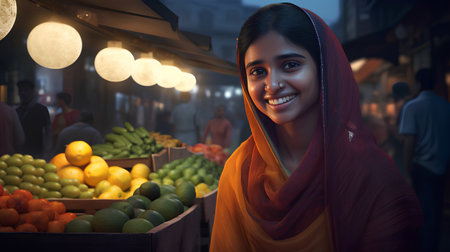 Portrait of a young Indian woman selling fruits in the night market.の素材