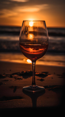A glass of wine on the beach at sunset. Toned.の素材