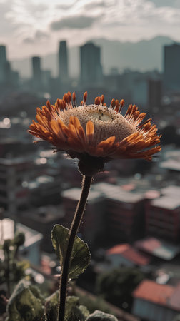 Gerbera flower in the morning with cityscape background, vintage toneの素材