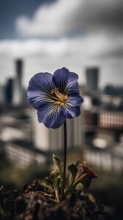 Close up of a blue flower on a blurred background of the cityの素材