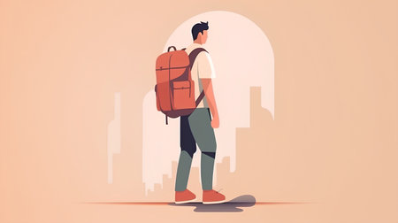 Young man with a backpack. Vector illustration in flat cartoon style.の素材