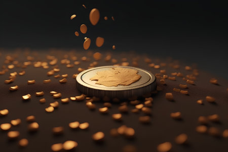 golden coin falling on a dark background. 3d illustration.の素材