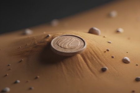 One euro coin on the sand with drops of water, close-upの素材