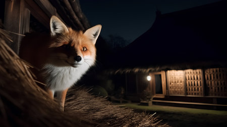 Portrait of a red fox in front of a wooden house at nightの素材