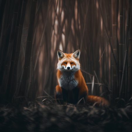 Red fox sitting in the bamboo forest. Wildlife scene from nature.の素材
