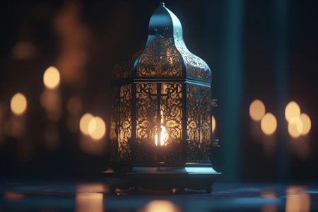 Arabic lantern with burning candle. Ramadan Kareem background. 3d renderingの素材