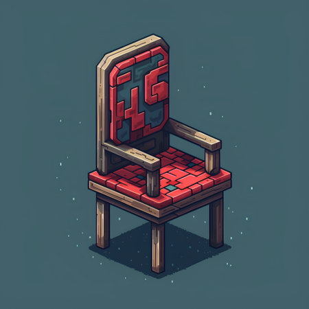 Isometric 3D illustration of an old wooden chair with a metal frame and a red seat.の素材