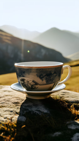 Cup of coffee on the top of a mountain in the morningの素材