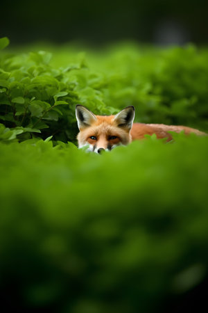 red fox in green grass, shallow depth of field with copy spaceの素材