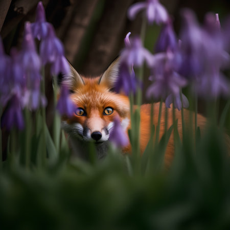 Red fox in the meadow with blooming crocus flowers.の素材