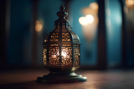 Lantern on the wooden table. Ramadan Kareem background.の素材