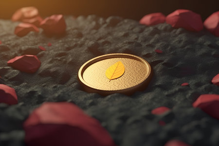 Golden coin with a leaf on the background of red rose petalsの素材