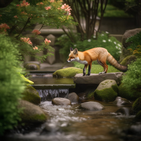 Red fox standing on a rock in a Japanese garden in summer.の素材