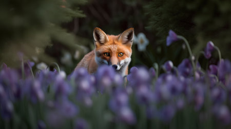 Red fox in the garden with purple crocus flowers in the background.の素材