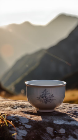 White ceramic bowl on the top of the mountain with sunset background.の素材