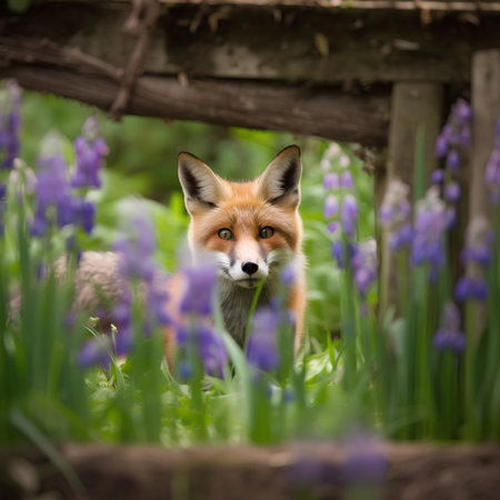 Red fox in the garden of bluebells in springtime.の素材