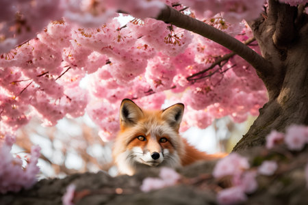 Red fox in front of blooming sakura tree in spring timeの素材