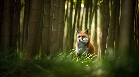 Red fox in a bamboo forest. Wildlife scene from wild nature.の素材