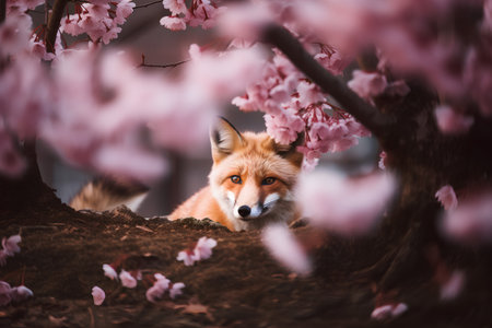 Portrait of a red fox on a background of pink cherry blossomsの素材