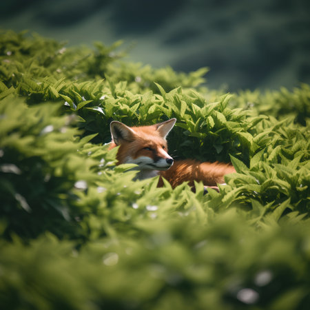Red fox in the green forest. Wild animal in the nature.の素材