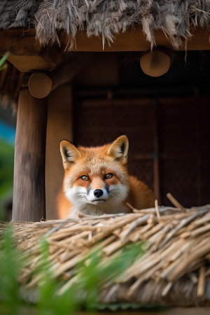 Red fox sitting on a roof and looking at the camera in the gardenの素材