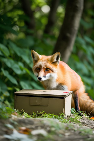 Red fox sitting in a box on the grass in the forest.の素材